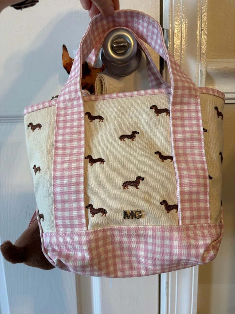 Madden Girl Pink Gingham Dachshund Crossbody Bag with Plush Charm - Picture 6 of 6